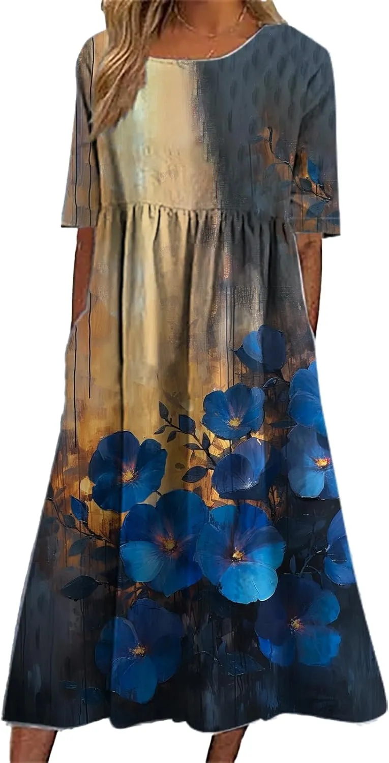Bengbobar Women's Boho DressFloral Casual Swing Tshirt Midi Dresses with Pockets Linen Summer Plus Size Beach Sundress
