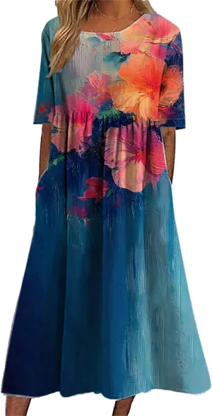 Bengbobar Women's Boho DressFloral Casual Swing Tshirt Midi Dresses with Pockets Linen Summer Plus Size Beach Sundress