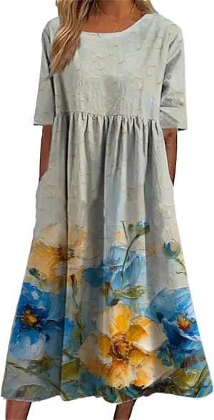 Bengbobar Women's Boho DressFloral Casual Swing Tshirt Midi Dresses with Pockets Linen Summer Plus Size Beach Sundress