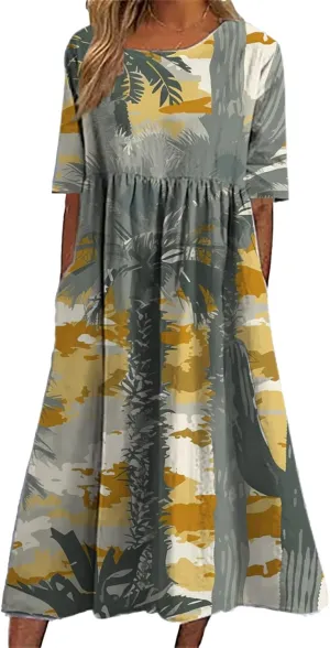 Bengbobar Women's Boho DressFloral Casual Swing Tshirt Midi Dresses with Pockets Linen Summer Plus Size Beach Sundress