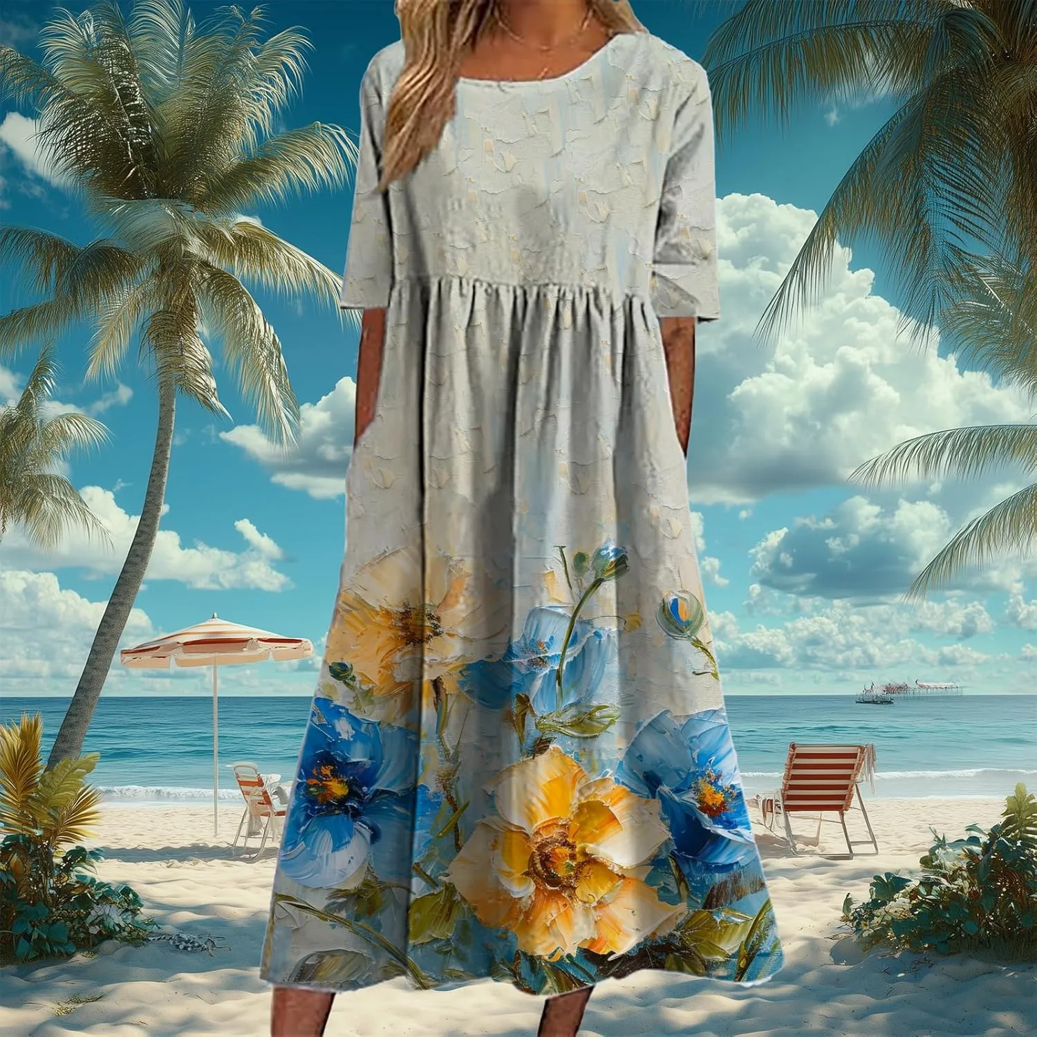 Bengbobar Women's Boho DressFloral Casual Swing Tshirt Midi Dresses with Pockets Linen Summer Plus Size Beach Sundress