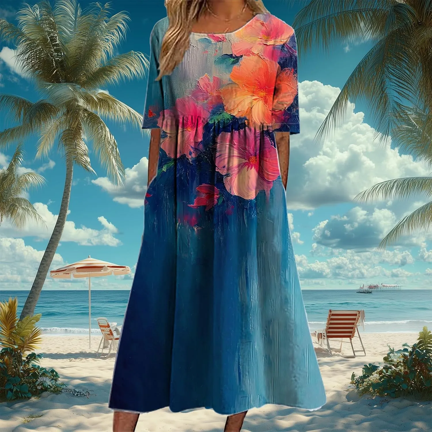 Bengbobar Women's Boho DressFloral Casual Swing Tshirt Midi Dresses with Pockets Linen Summer Plus Size Beach Sundress