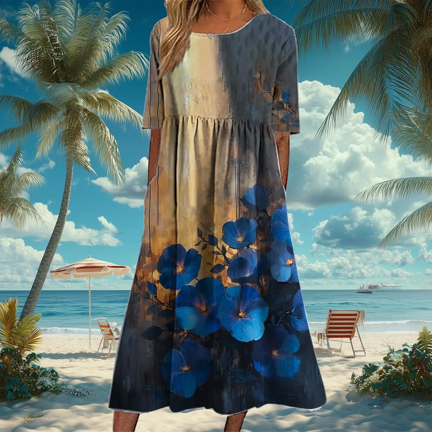 Bengbobar Women's Boho DressFloral Casual Swing Tshirt Midi Dresses with Pockets Linen Summer Plus Size Beach Sundress