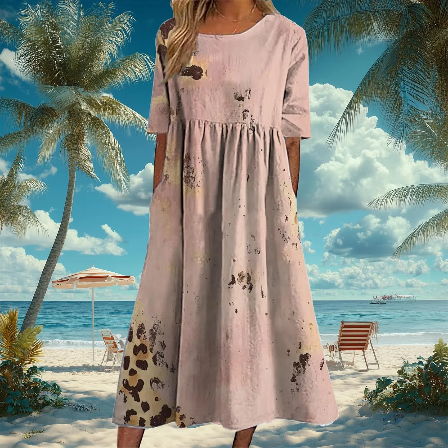 Bengbobar Women's Boho DressFloral Casual Swing Tshirt Midi Dresses with Pockets Linen Summer Plus Size Beach Sundress
