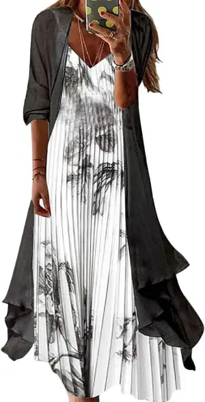 Bengbobar Womens Two-Piece Set Floral Maxi Dress Casual Wedding Guest Dresses Chiffon Flowy Irregular Hem Dress with Jacket