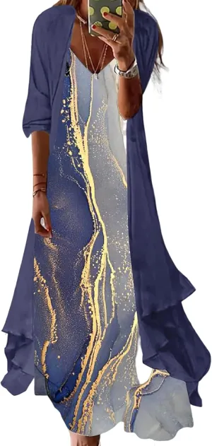 Bengbobar Womens Two-Piece Set Floral Maxi Dress Casual Wedding Guest Dresses Chiffon Flowy Irregular Hem Dress with Jacket