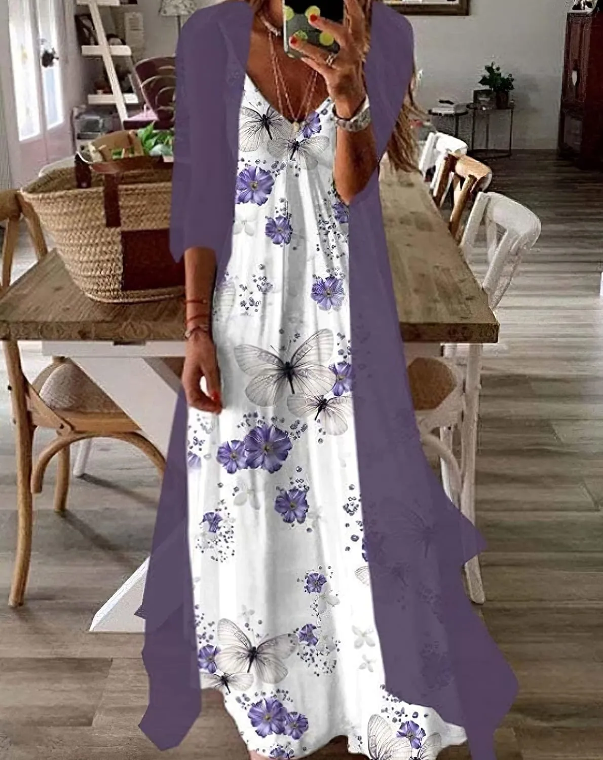 Bengbobar Womens Two-Piece Set Floral Maxi Dress Casual Wedding Guest Dresses Chiffon Flowy Irregular Hem Dress with Jacket