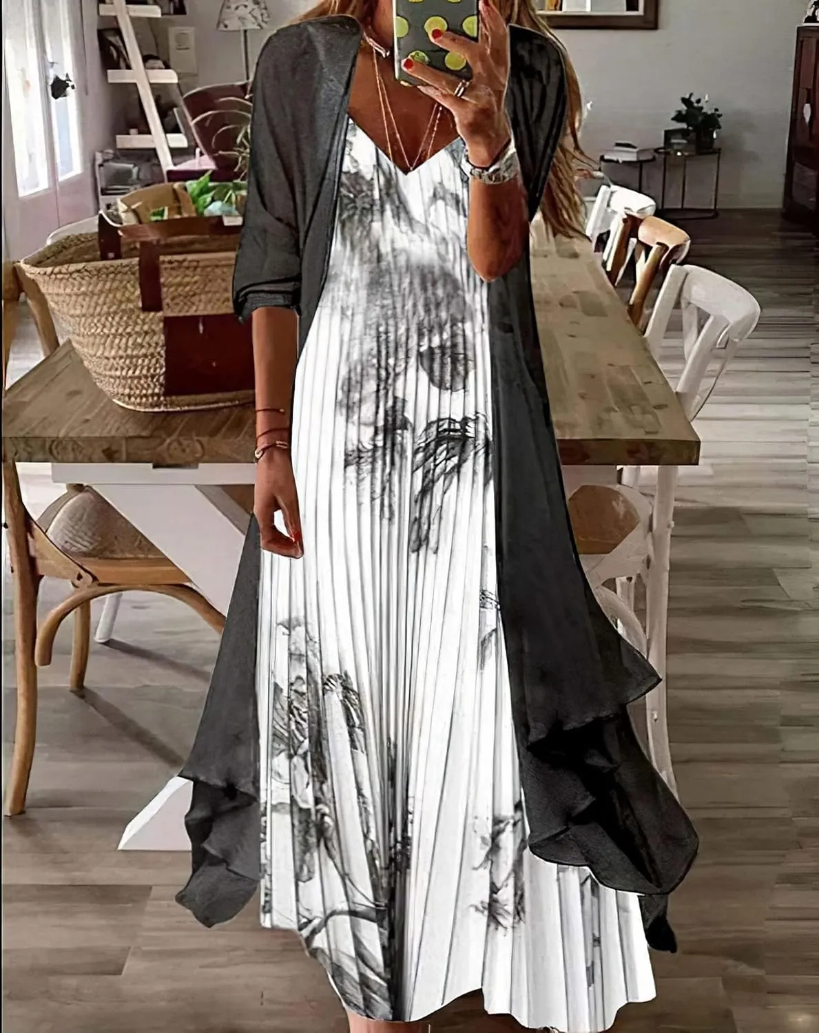 Bengbobar Womens Two-Piece Set Floral Maxi Dress Casual Wedding Guest Dresses Chiffon Flowy Irregular Hem Dress with Jacket