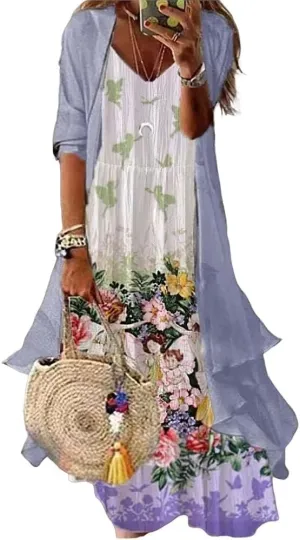 Bengbobar Womens Two-Piece Set Floral Maxi Dress Casual Wedding Guest Dresses Chiffon Flowy Irregular Hem Dress with Jacket