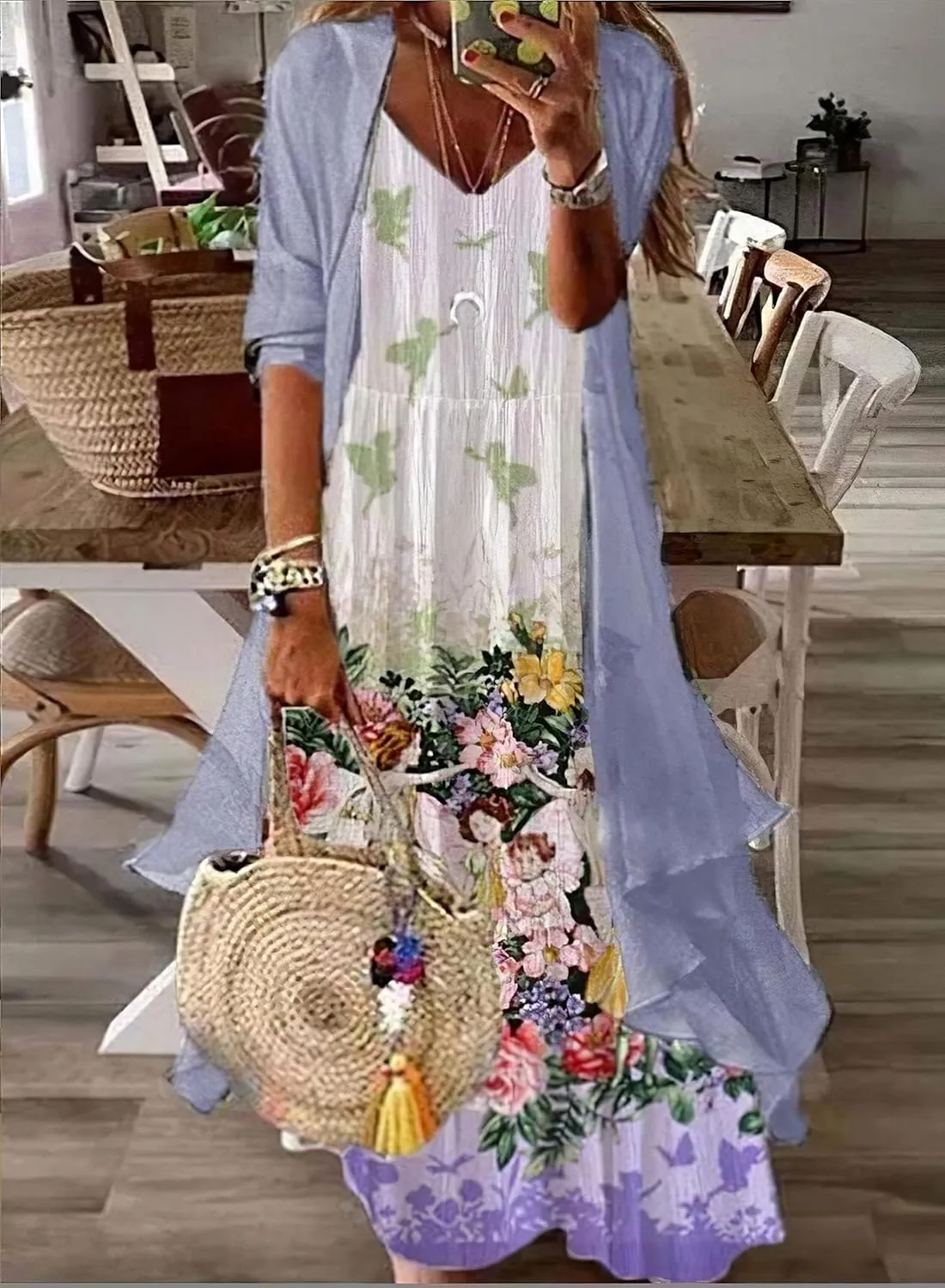 Bengbobar Womens Two-Piece Set Floral Maxi Dress Casual Wedding Guest Dresses Chiffon Flowy Irregular Hem Dress with Jacket