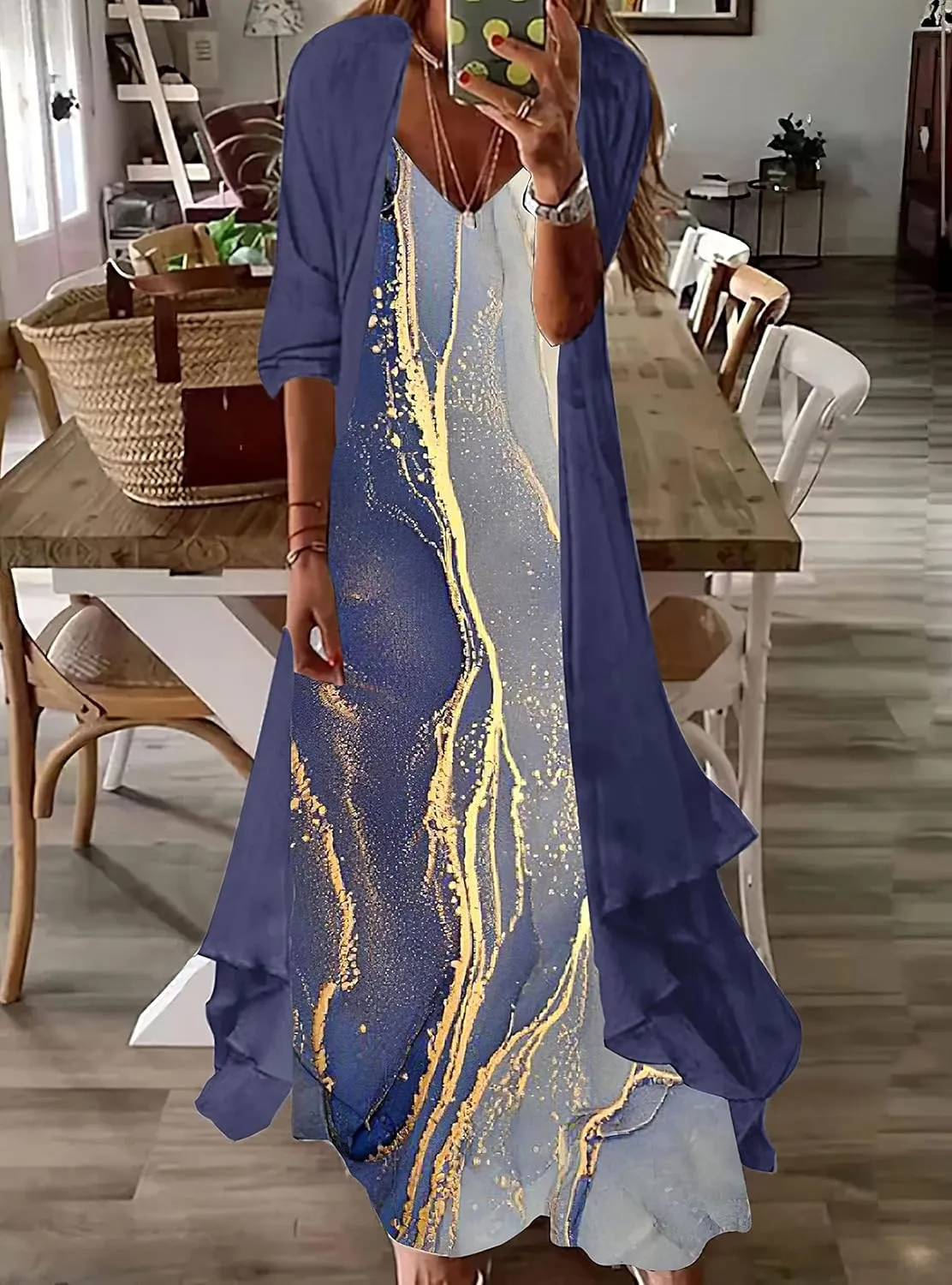 Bengbobar Womens Two-Piece Set Floral Maxi Dress Casual Wedding Guest Dresses Chiffon Flowy Irregular Hem Dress with Jacket