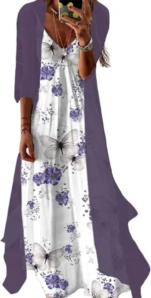 Bengbobar Womens Two-Piece Set Floral Maxi Dress Casual Wedding Guest Dresses Chiffon Flowy Irregular Hem Dress with Jacket