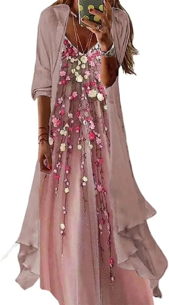 Bengbobar Womens Two-Piece Set Floral Maxi Dress Casual Wedding Guest Dresses Chiffon Flowy Irregular Hem Dress with Jacket