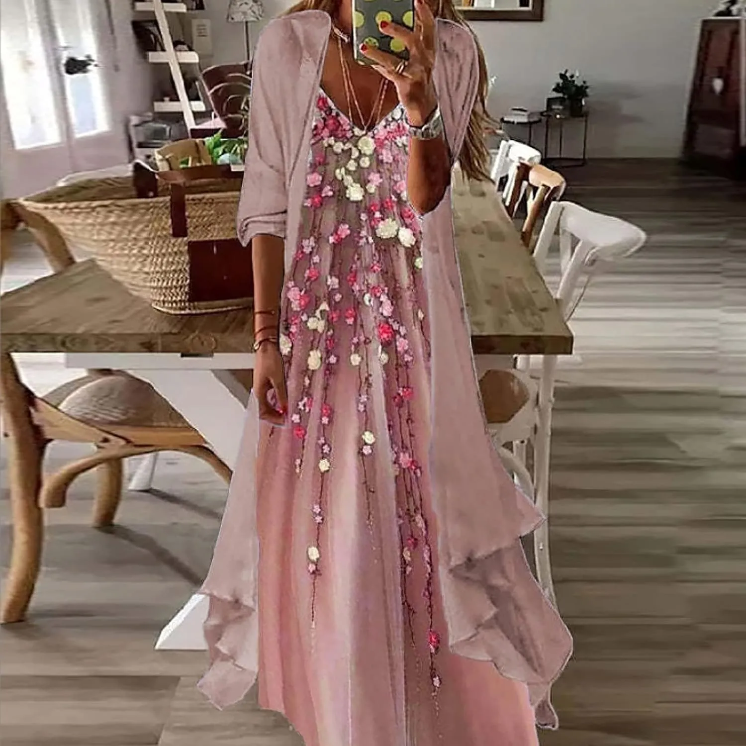 Bengbobar Womens Two-Piece Set Floral Maxi Dress Casual Wedding Guest Dresses Chiffon Flowy Irregular Hem Dress with Jacket