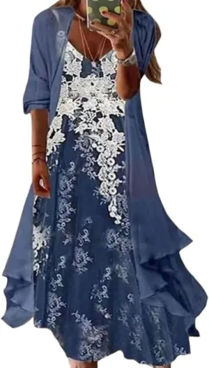 Bengbobar Womens Two-Piece Set Floral Maxi Dress Wedding Guest Dresses Chiffon Flowy Summer Casual Dress with Jacket Cardigan