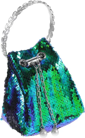 BESTYASH Small Sequin Bucket Bag Mini Crossbody Chain Shoulder Bag (Blue)