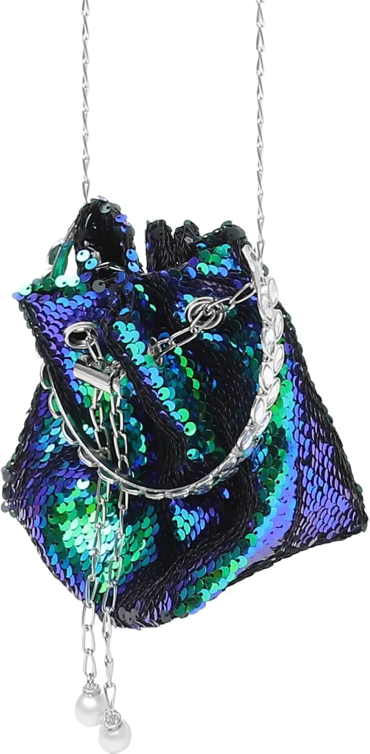BESTYASH Small Sequin Bucket Bag Mini Crossbody Chain Shoulder Bag (Blue)