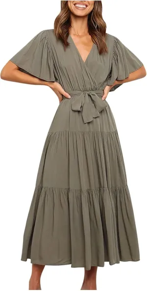 Binmer WomenS Summer Maxi Dresses Wrap V Neck Ruffle Short Sleeve Beach Dress Casual Flowy Tiered Vacation Sundress W/Pocket