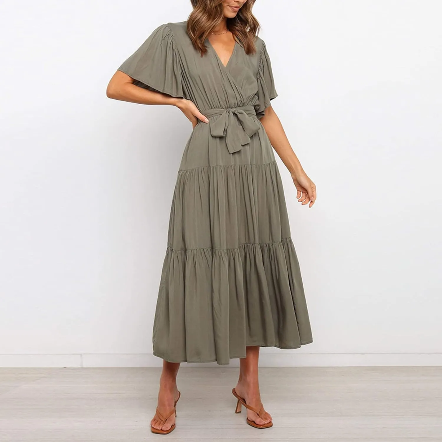 Binmer WomenS Summer Maxi Dresses Wrap V Neck Ruffle Short Sleeve Beach Dress Casual Flowy Tiered Vacation Sundress W/Pocket