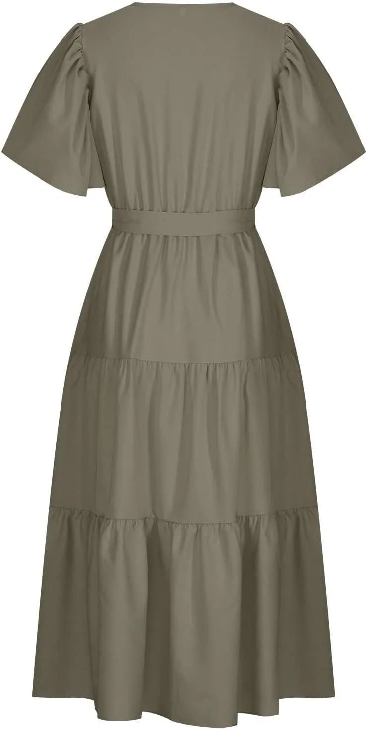 Binmer WomenS Summer Maxi Dresses Wrap V Neck Ruffle Short Sleeve Beach Dress Casual Flowy Tiered Vacation Sundress W/Pocket
