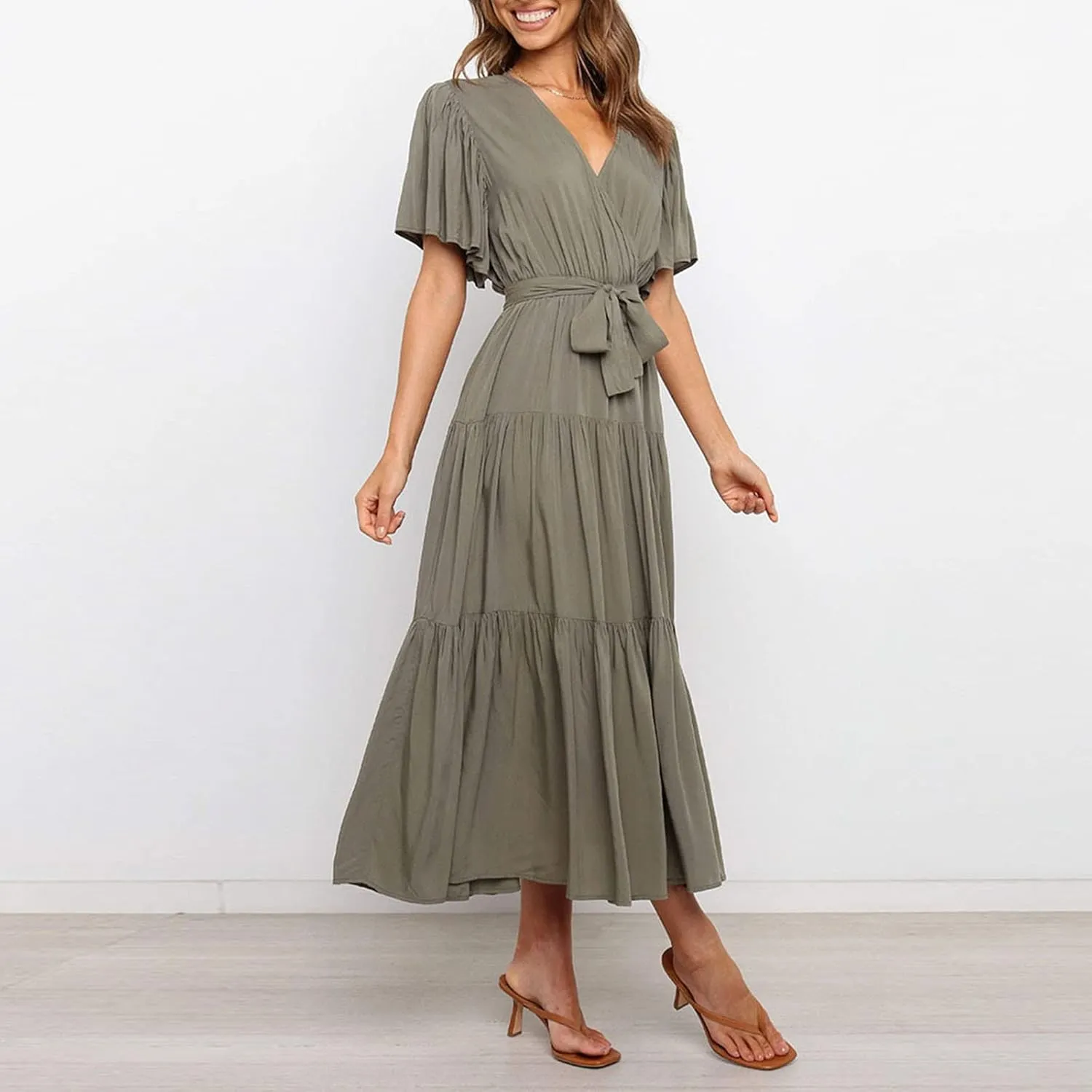 Binmer WomenS Summer Maxi Dresses Wrap V Neck Ruffle Short Sleeve Beach Dress Casual Flowy Tiered Vacation Sundress W/Pocket