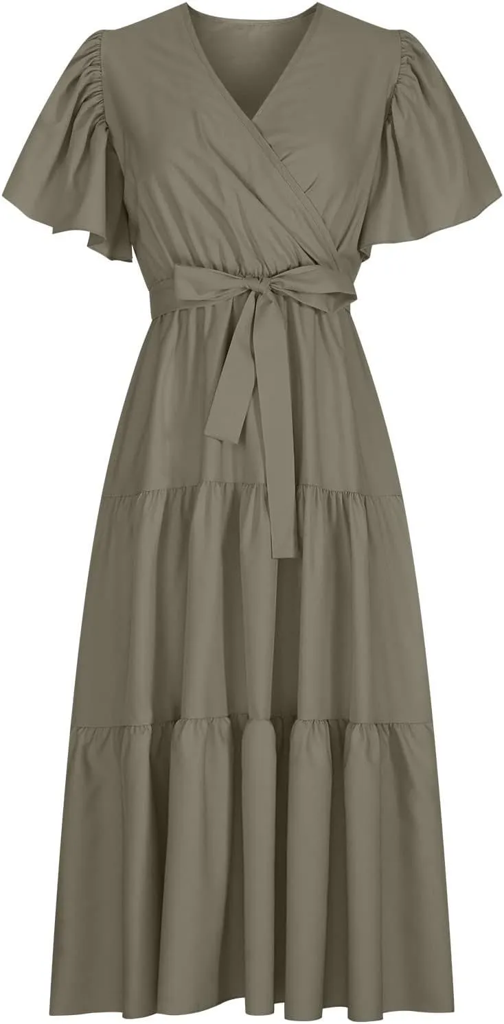 Binmer WomenS Summer Maxi Dresses Wrap V Neck Ruffle Short Sleeve Beach Dress Casual Flowy Tiered Vacation Sundress W/Pocket