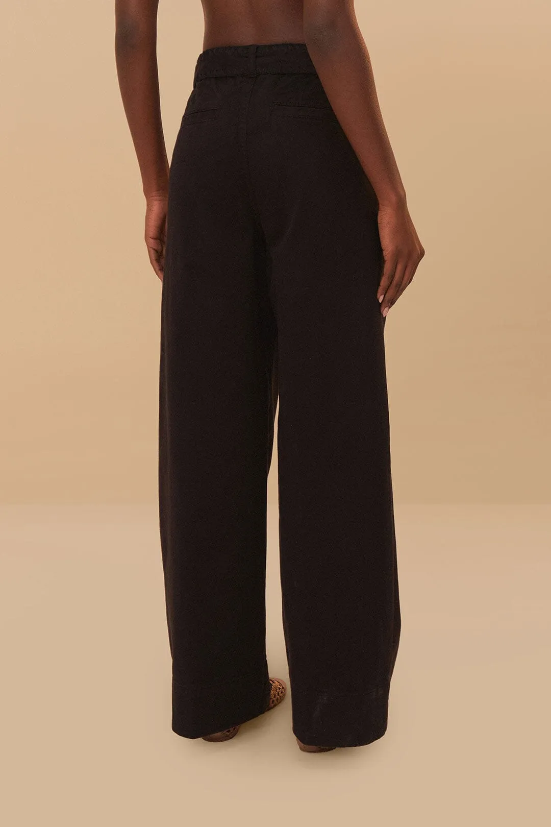 Black Twill Belted Wide Pants