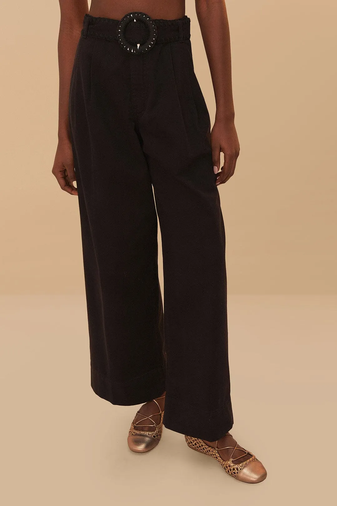 Black Twill Belted Wide Pants
