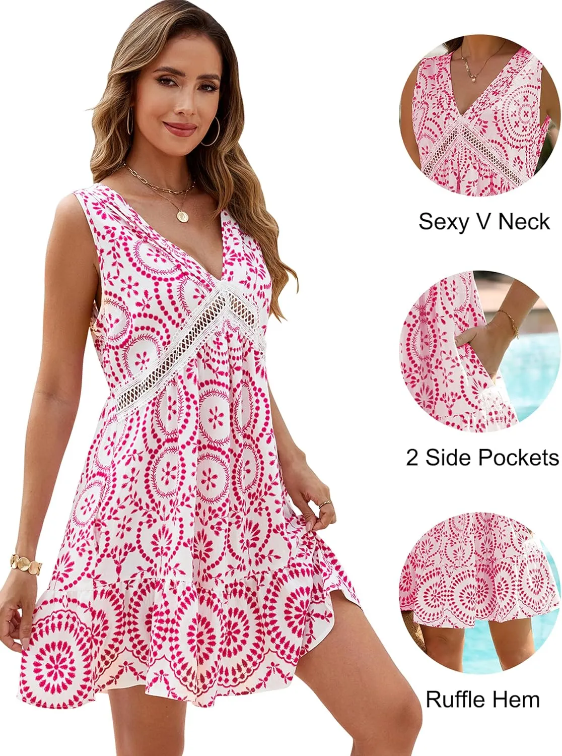 Blooming Jelly Womens Swimsuit Coverup Swimwear Bathing Suit Cover Up Floral Lace Boho Beach Dress with Pockets