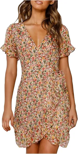 Boho Dresses for Women 2024 Short Sleeve Wrap V Neck Tie Waist A Line Mini Short Dress Floral Print Ruffle Hem Dress