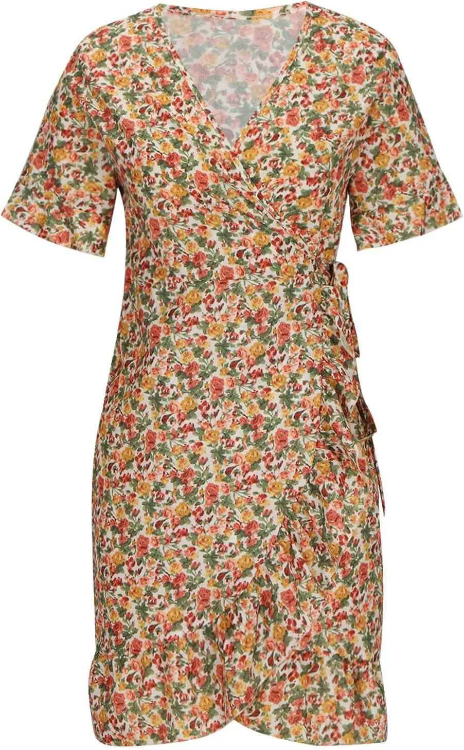 Boho Dresses for Women 2024 Short Sleeve Wrap V Neck Tie Waist A Line Mini Short Dress Floral Print Ruffle Hem Dress