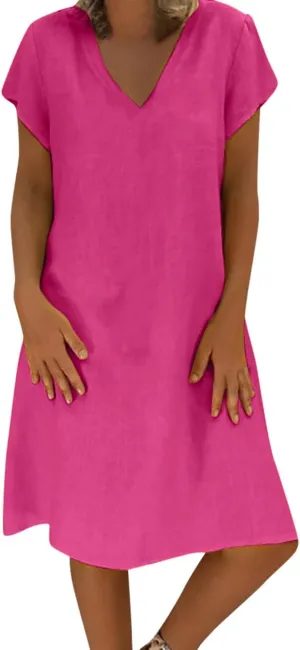 Boho Dresses for Women 2025 Cotton Linen Tshirt Dress Summer Casual Short Sleeve V Neck Midi Beach Dress Plus Size