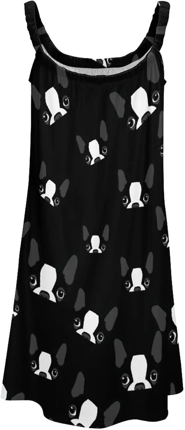 Boston Terrier Hawaiian Women Sleeveless Mini Dress Beach Summer Casual Tank Sundress