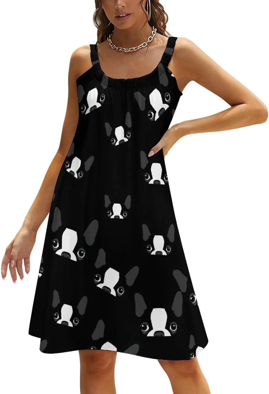 Boston Terrier Hawaiian Women Sleeveless Mini Dress Beach Summer Casual Tank Sundress