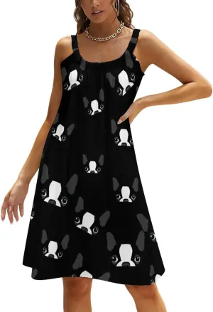 Boston Terrier Hawaiian Women Sleeveless Mini Dress Beach Summer Casual Tank Sundress