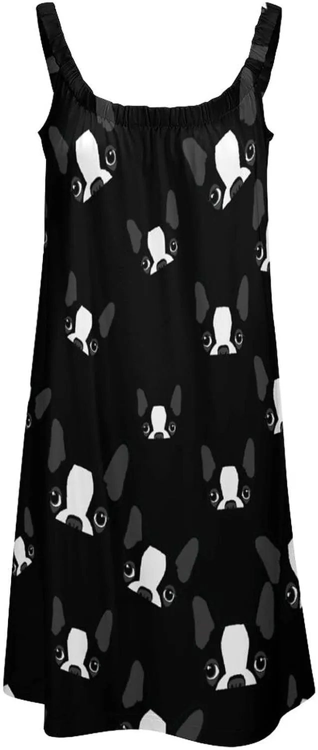 Boston Terrier Hawaiian Women Sleeveless Mini Dress Beach Summer Casual Tank Sundress
