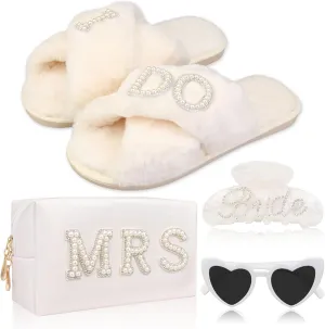 Bride To Be Gift Set Bridal Shower Gifts for Bride Sunglasses MRS Makeup Bag I Do Bride Slippers Bride Hair Clip, Bridal Engagement Gifts Bachelorette Party Wedding Gift for Bride Women