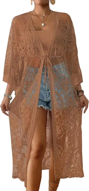 Bsubseach Kimonos for Women Lace Sexy Swimsuit Cover Ups Open Front Beach Robe Summer Cardigan