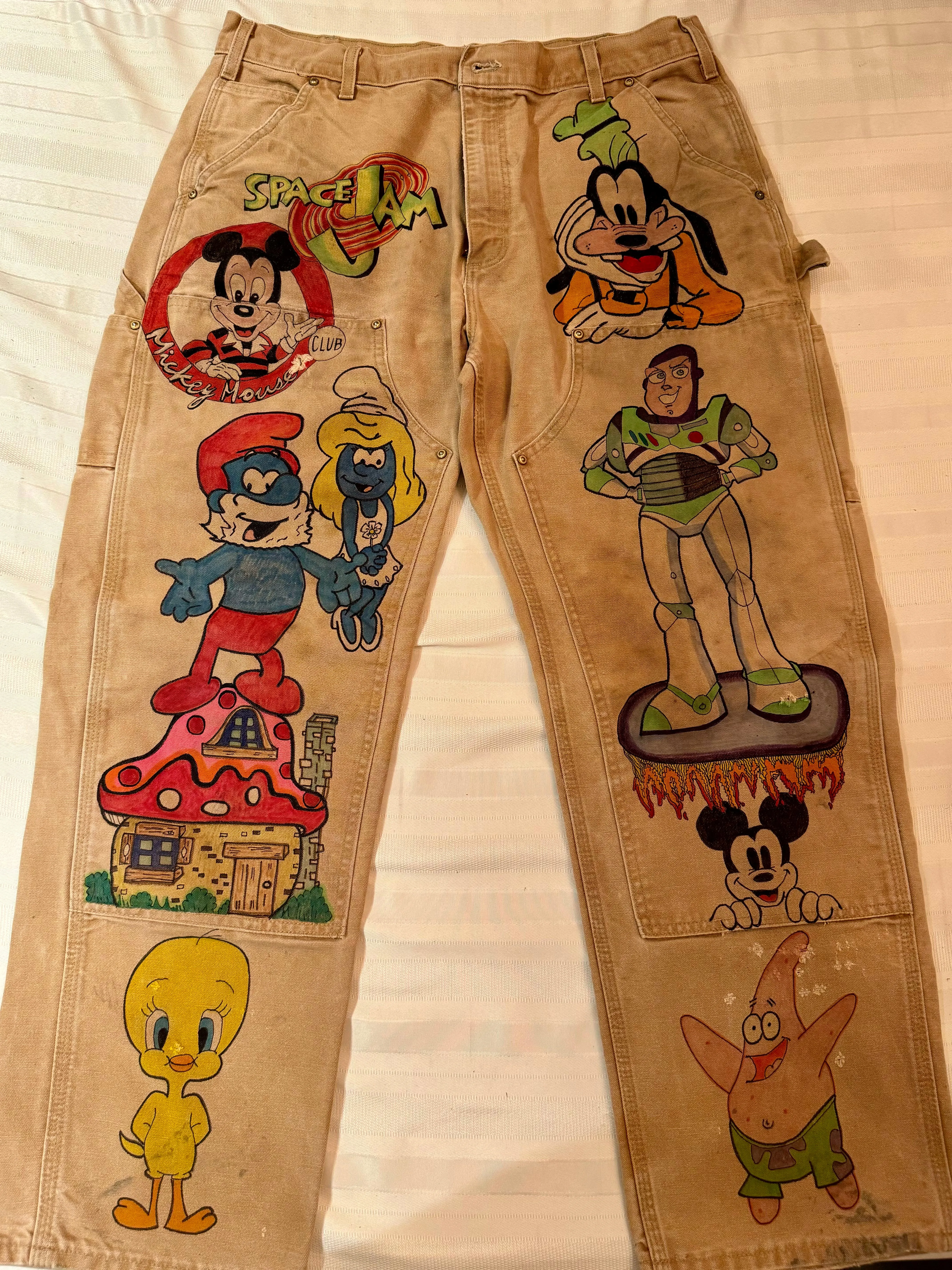 Buzz Lightyear 36x28 Vintage one of a kind hand drawn cartoon double knee Carhartt pants