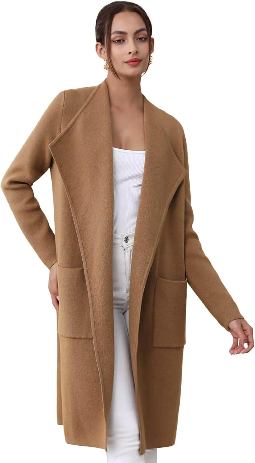 CHICWISH Women Open Front Knit Long Cardigan Patch Pocket Long Sleeve Fall Winter Casual Chunky Coatigan Sweater Coat