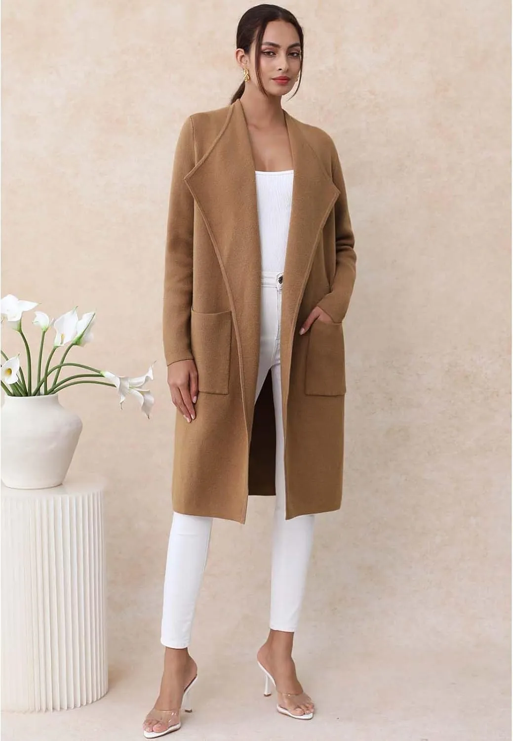 CHICWISH Women Open Front Knit Long Cardigan Patch Pocket Long Sleeve Fall Winter Casual Chunky Coatigan Sweater Coat