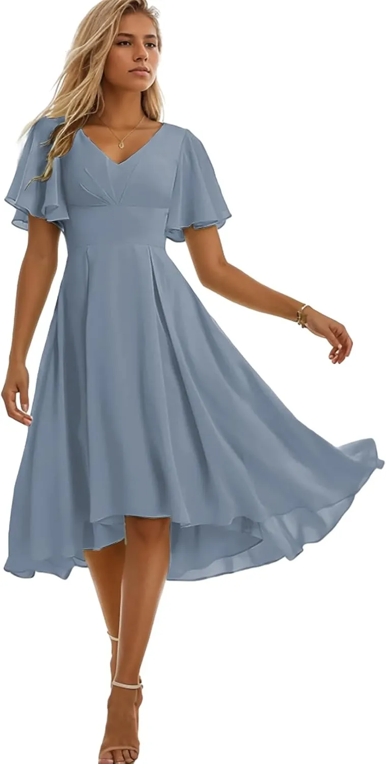 Chiffon Short Bridesmaid Dresses for Women High Low Formal Dress with Sleeves V Neck Evening Gown