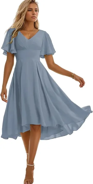 Chiffon Short Bridesmaid Dresses for Women High Low Formal Dress with Sleeves V Neck Evening Gown