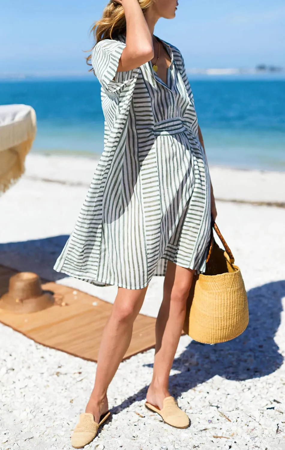 chouyatou Womens Summer Loose Stripe Beach Dress Cover Ups Casual Batwing Sleeve Midi Tunic Shirt Dress