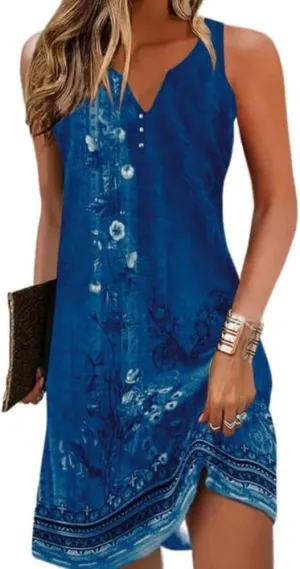 Chvity Womens Boho Dress Summer V Neck Sleeveless Dresses Ethnic Floral Print Sundress Mini Dress