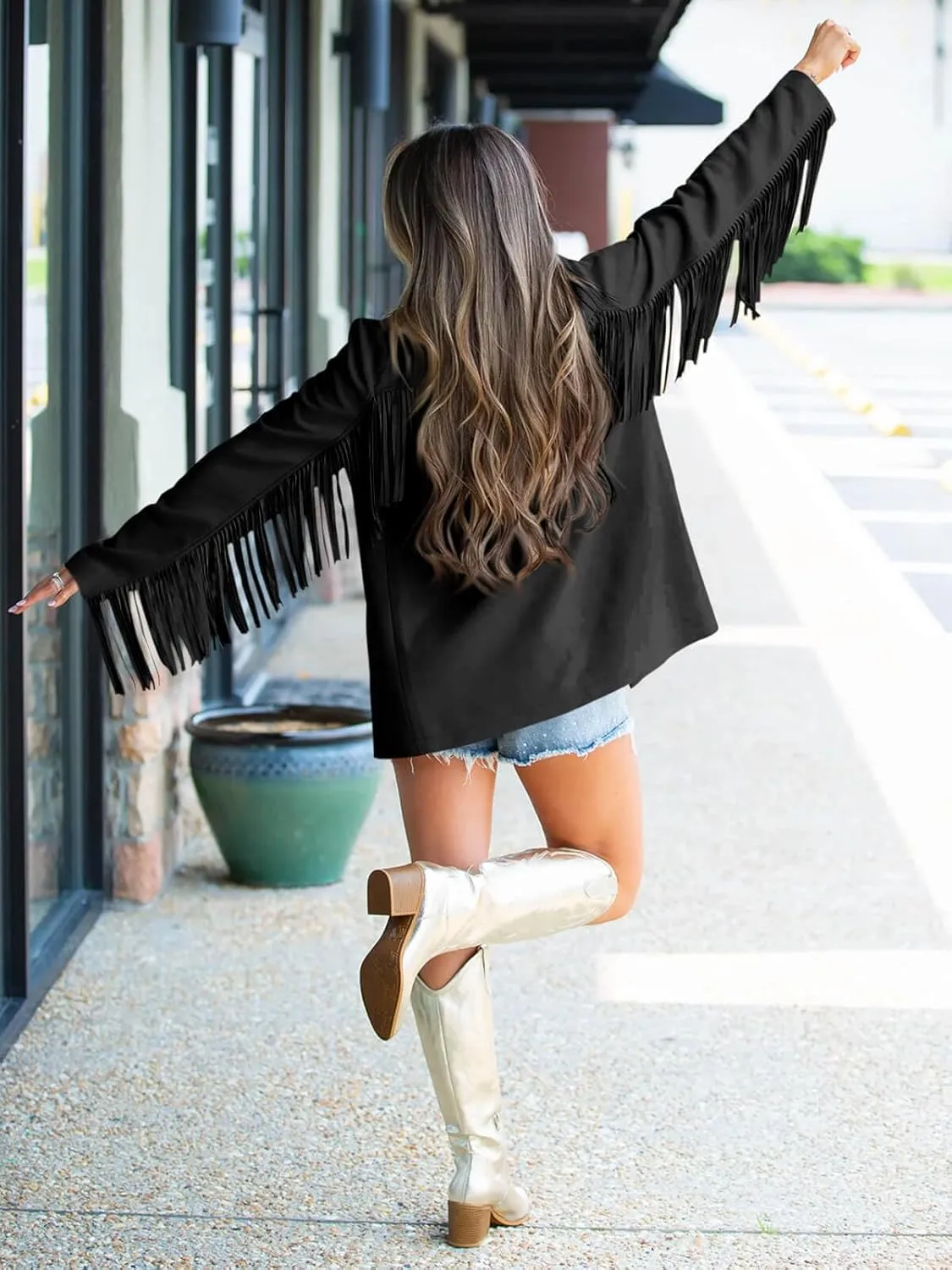 Cicy Bell Womens Faux Suede Fringe Jacket Casual Blazer Long Sleeve Lapel Button Front Suit Jackets