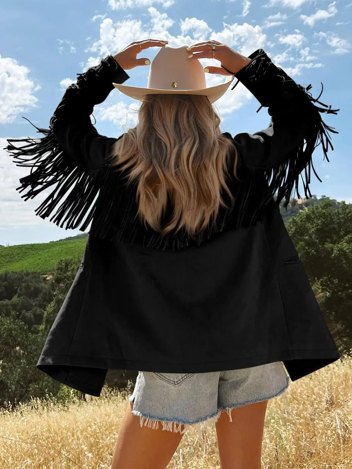 Cicy Bell Womens Faux Suede Fringe Jacket Casual Blazer Long Sleeve Lapel Button Front Suit Jackets