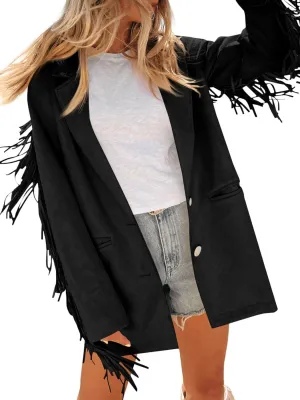 Cicy Bell Womens Faux Suede Fringe Jacket Casual Blazer Long Sleeve Lapel Button Front Suit Jackets