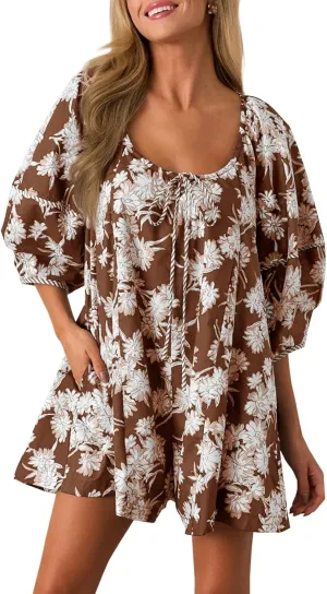 Cicy Bell Womens Summer Floral Romper Loose Scoop Neck Lantern Sleeve Short Jumpsuits Front Tie Beach Outfits