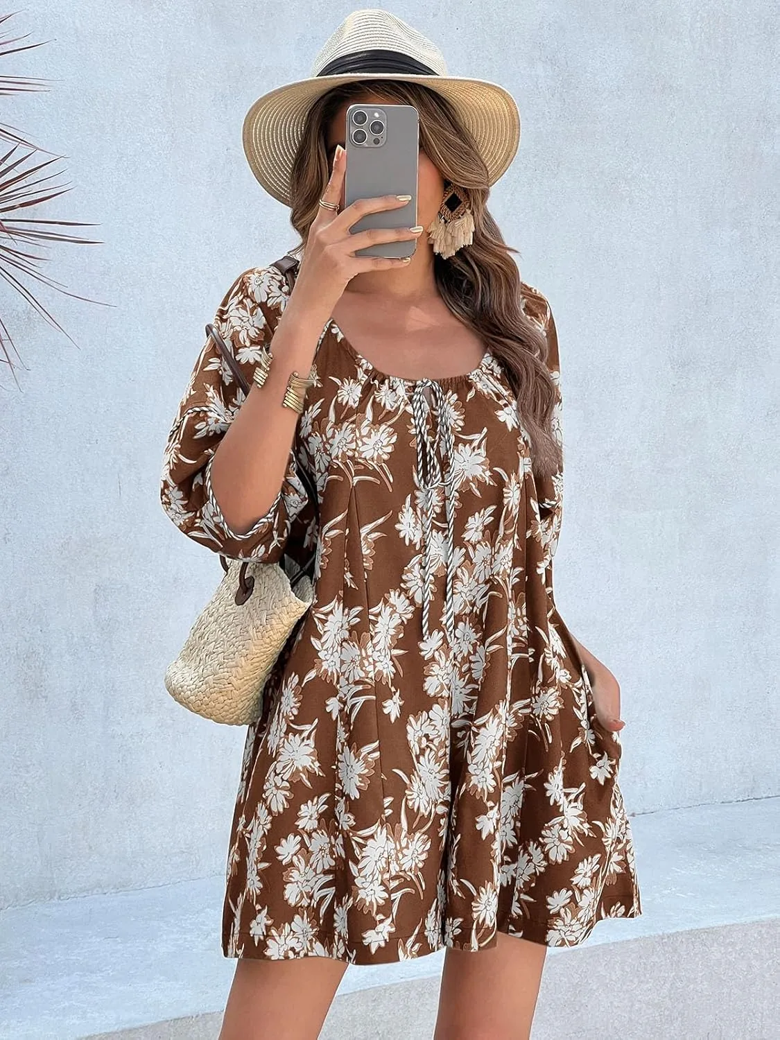 Cicy Bell Womens Summer Floral Romper Loose Scoop Neck Lantern Sleeve Short Jumpsuits Front Tie Beach Outfits